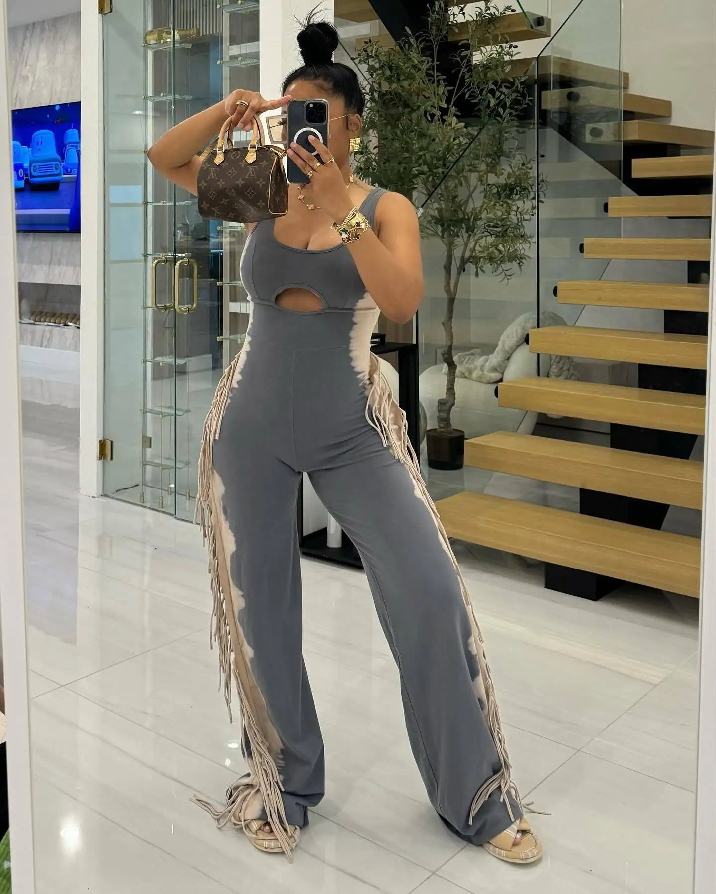 2024 Summer New Women's High-Waist Casual Jumpsuit Breathable Fitness Tassel with Personalized Contrasting Colors