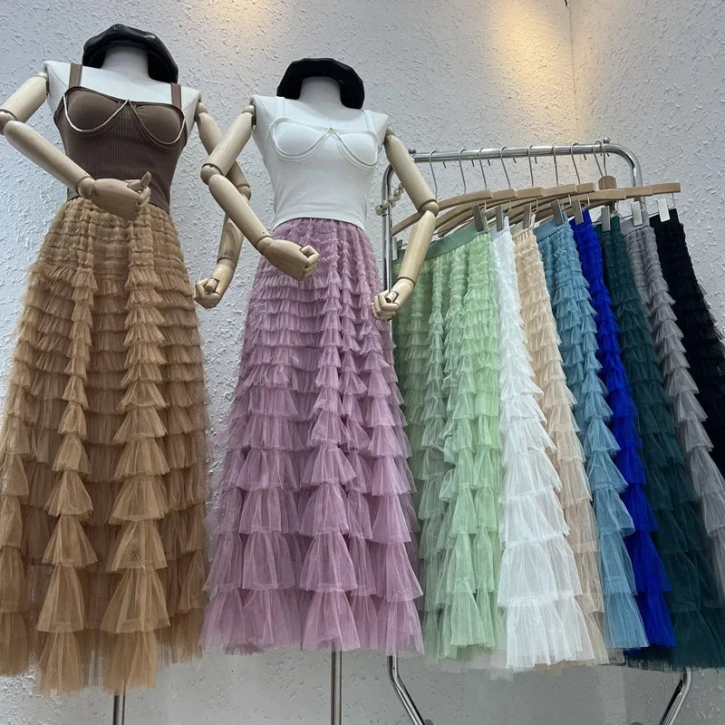 Advanced Mesh Half-Body Skirt Female Spring and Fall New High-Waisted Cake Womens Skirts