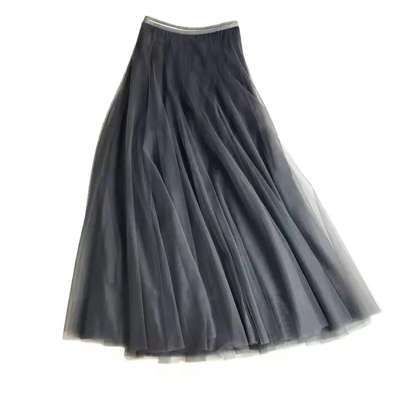 Summer Mesh Women Pleated Skirt Solid High Waist a Line Tulle Skirts Chic Long Maxi   Holiday Beach Tulle Skirt