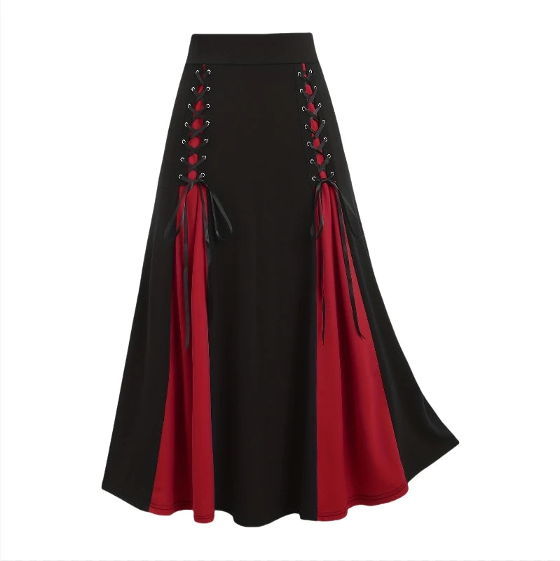 Women's Long Skirt Victorian High Waist Lace Up Vintage A-Line Flowy Gothic Renaissance Colorblock Maxi Skirts