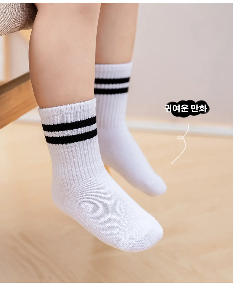 5 Pairs/Lot Autumn Winter High Elastic Simple Children Socks Korean Cotton Stripes Solid Color Alphabet Boys Girls Socks 1-12 Y