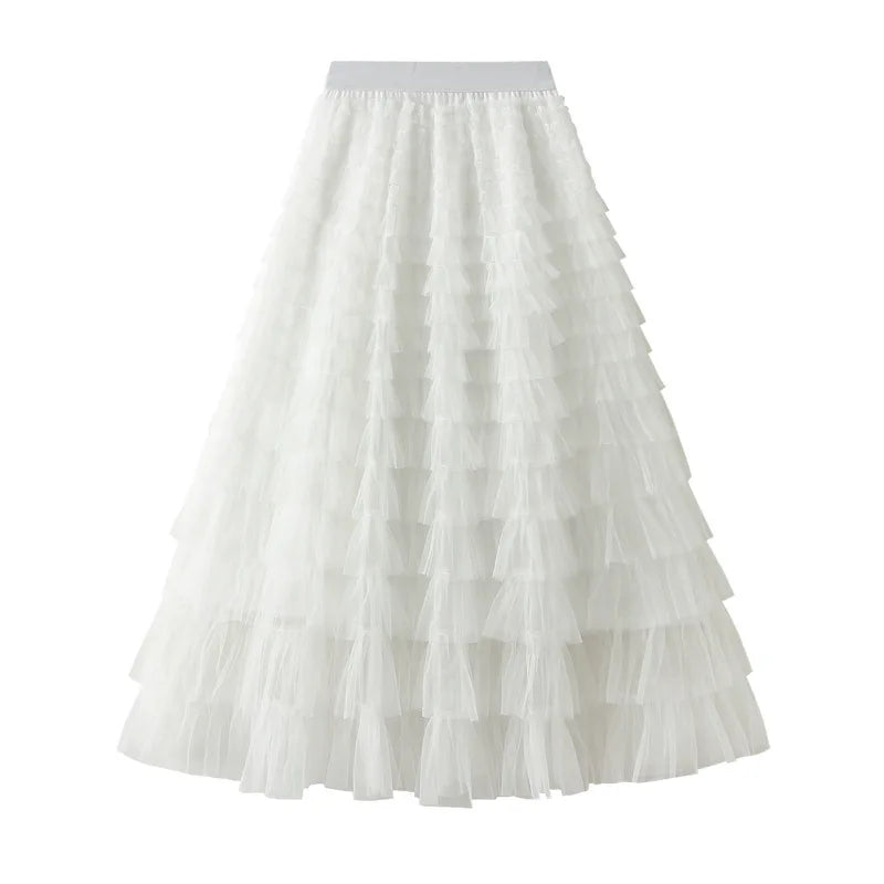 Mesh Cake Half Skirt for Women in Spring and Autumn  New Dress fairy White Gauze Skirt Pleated Long Skirt