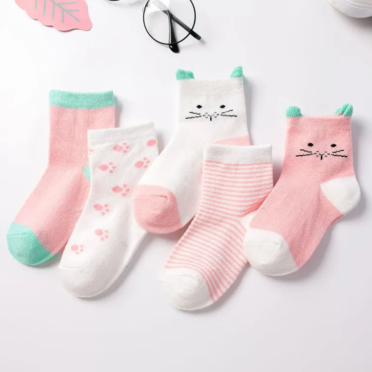 5 Pairs Cartoon Baby Socks Cute Cat Animal Soft Cotton Knit Baby Girl Kids Boy Newborn Boys Children's Socks for 0-6 Years
