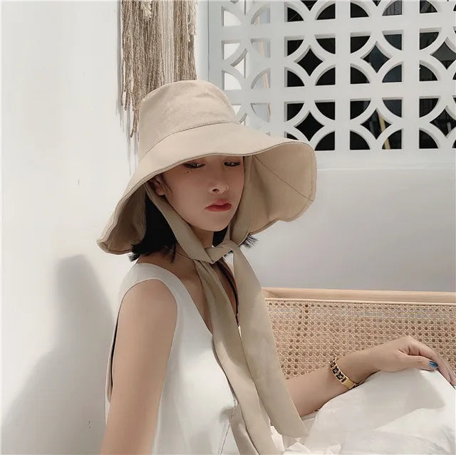 2021 New Summer Autumn Large Brim Fisherman Hat Women Cotton Linen Round Dome Bandage Bow Big Foldable Sun Hats Fishermen Hat