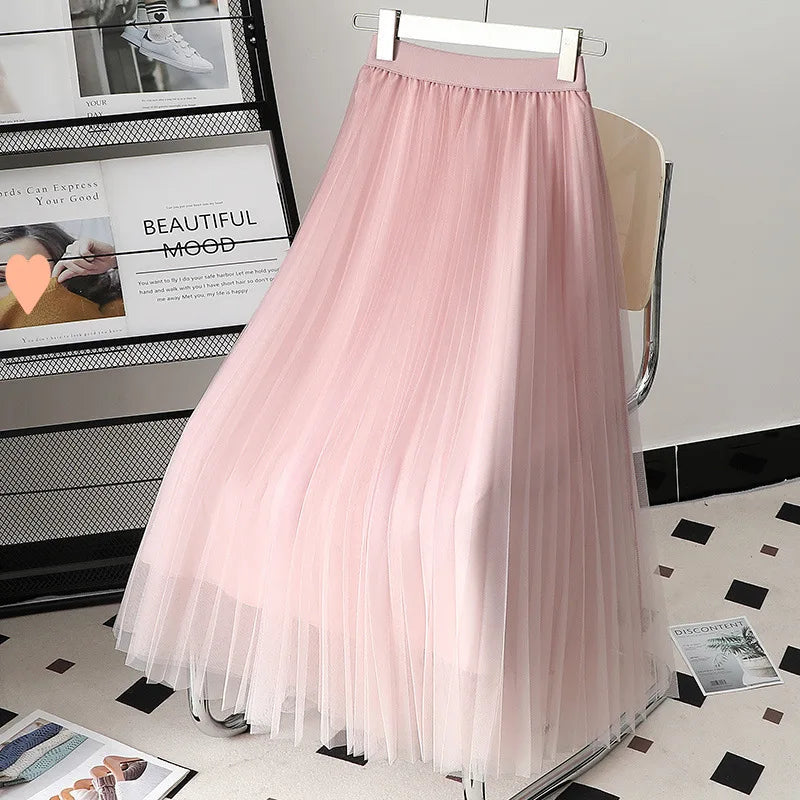 Women Lady Pleated With Lining Long Skirt Dress New Fashion Loose Elastic Waist Gradient Color Street Wear Casual Skirt