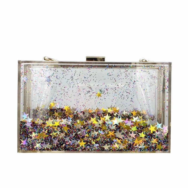 Women's Luxury Liquid Glitter Acrylic Clutch Purse Quicksand Powder Transparent Box Bags Summer Beach Handbags With Metal Chain