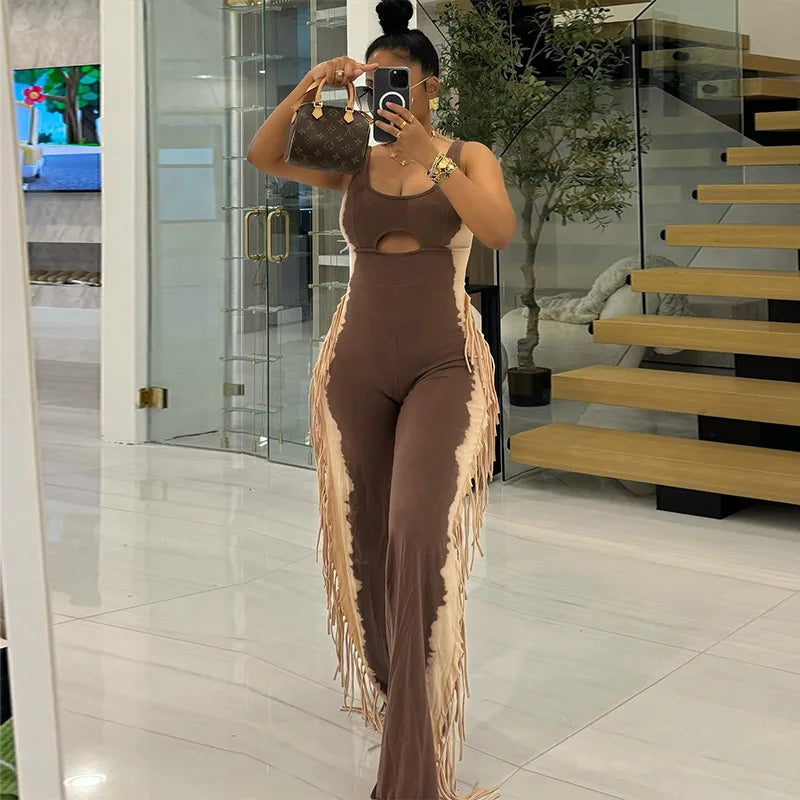 2024 Summer New Women's High-Waist Casual Jumpsuit Breathable Fitness Tassel with Personalized Contrasting Colors