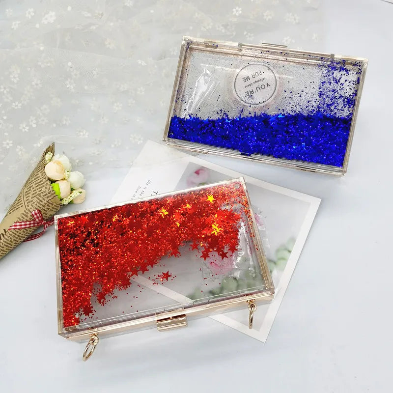 Women's Luxury Liquid Glitter Acrylic Clutch Purse Quicksand Powder Transparent Box Bags Summer Beach Handbags With Metal Chain