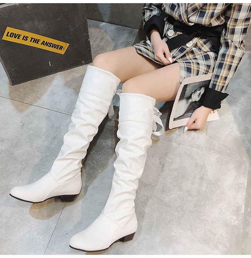 Shoes For Women 2022 Spring Knee High Boots Red Black White Tall Boots Woman Pleated Low Heel Casual Leather Female Long Shoes