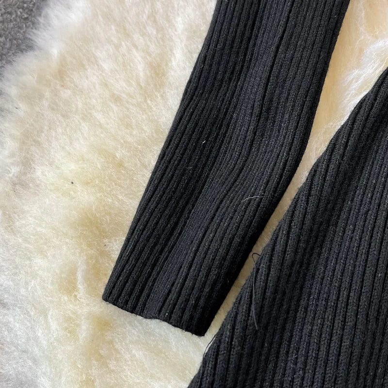 Autumn Winter Women Gradient Color Patchwork Pleated Sweater Dress Elegant Long Sleeve Midi Knitted Party Vestidos With Belt