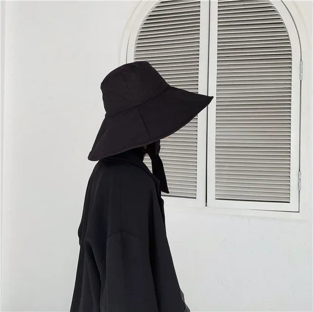 2021 New Summer Autumn Large Brim Fisherman Hat Women Cotton Linen Round Dome Bandage Bow Big Foldable Sun Hats Fishermen Hat