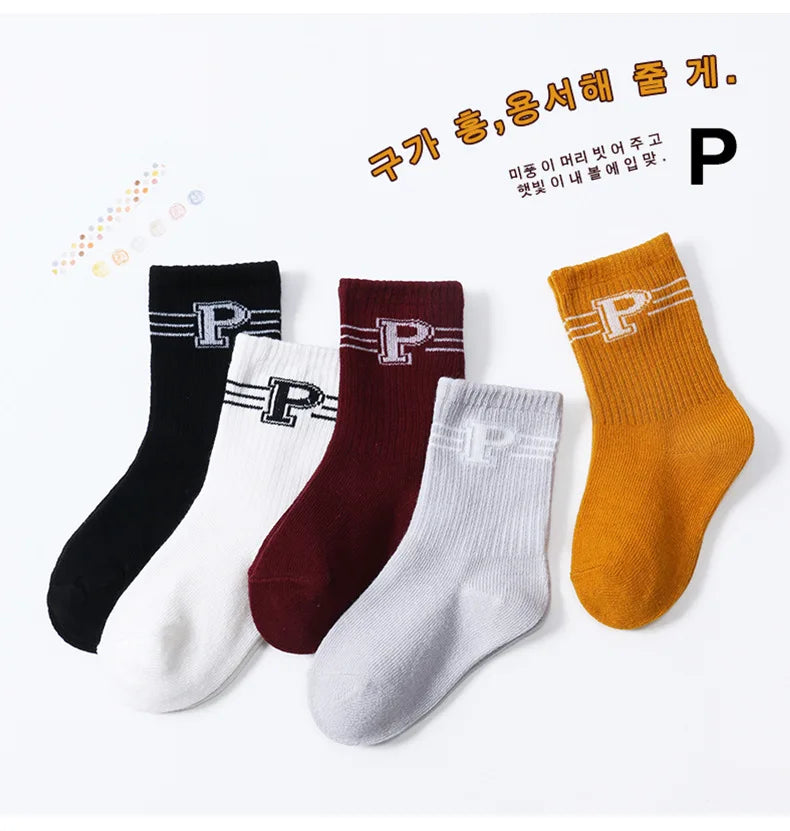 5 Pairs/Lot Autumn Winter High Elastic Simple Children Socks Korean Cotton Stripes Solid Color Alphabet Boys Girls Socks 1-12 Y