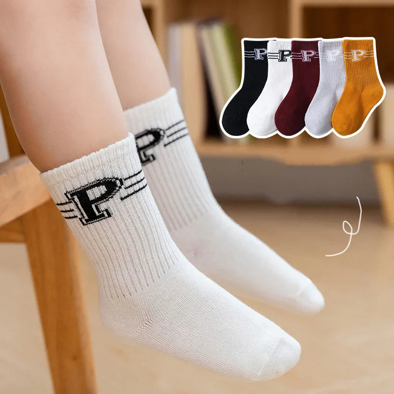 5 Pairs/Lot Autumn Winter High Elastic Simple Children Socks Korean Cotton Stripes Solid Color Alphabet Boys Girls Socks 1-12 Y