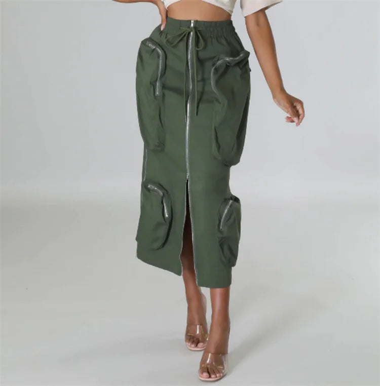 H0045-Fashionable Zipper Multi-pocket  Plus Size Skirts Cargo Skirt Women Long Skirts