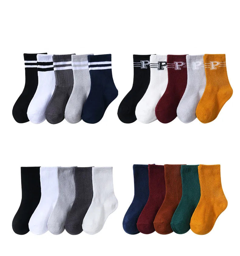 5 Pairs/Lot Autumn Winter High Elastic Simple Children Socks Korean Cotton Stripes Solid Color Alphabet Boys Girls Socks 1-12 Y