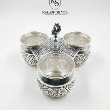 Handcrafted Pure Silver Kumkum Haldi Chawal Three Bowl Set with Peacock Handle Traditional Pooja Essential for Home Temple