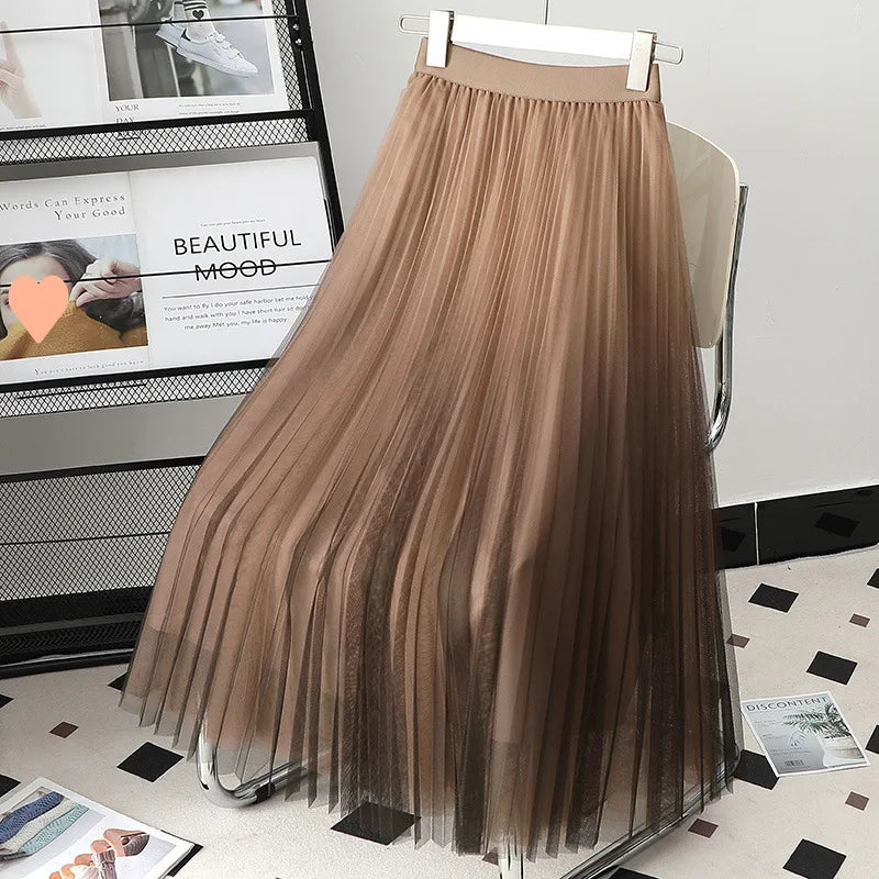Women Lady Pleated With Lining Long Skirt Dress New Fashion Loose Elastic Waist Gradient Color Street Wear Casual Skirt