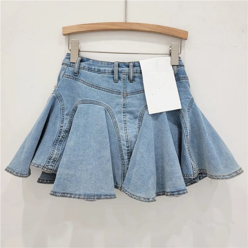 Fashion Ruffled Washed Mini Denim Skirt for Women New Design Zipper Patchwork Stretch Skirt Women'S Skirts