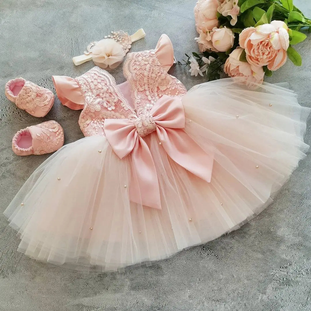 12M Baby Girl Princess Dress Infant One Year Birthday Outfits Toddler Girl Flower Bow Evening Party Tutu Gown Kids Gala Clothes