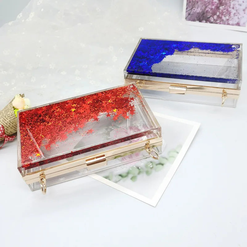 Women's Luxury Liquid Glitter Acrylic Clutch Purse Quicksand Powder Transparent Box Bags Summer Beach Handbags With Metal Chain