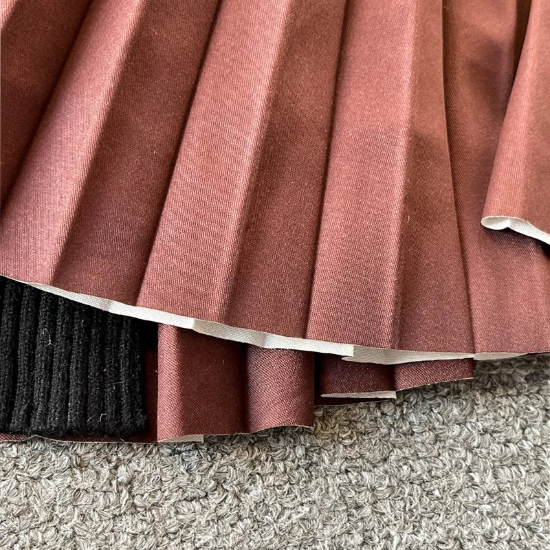 Autumn Winter Women Gradient Color Patchwork Pleated Sweater Dress Elegant Long Sleeve Midi Knitted Party Vestidos With Belt