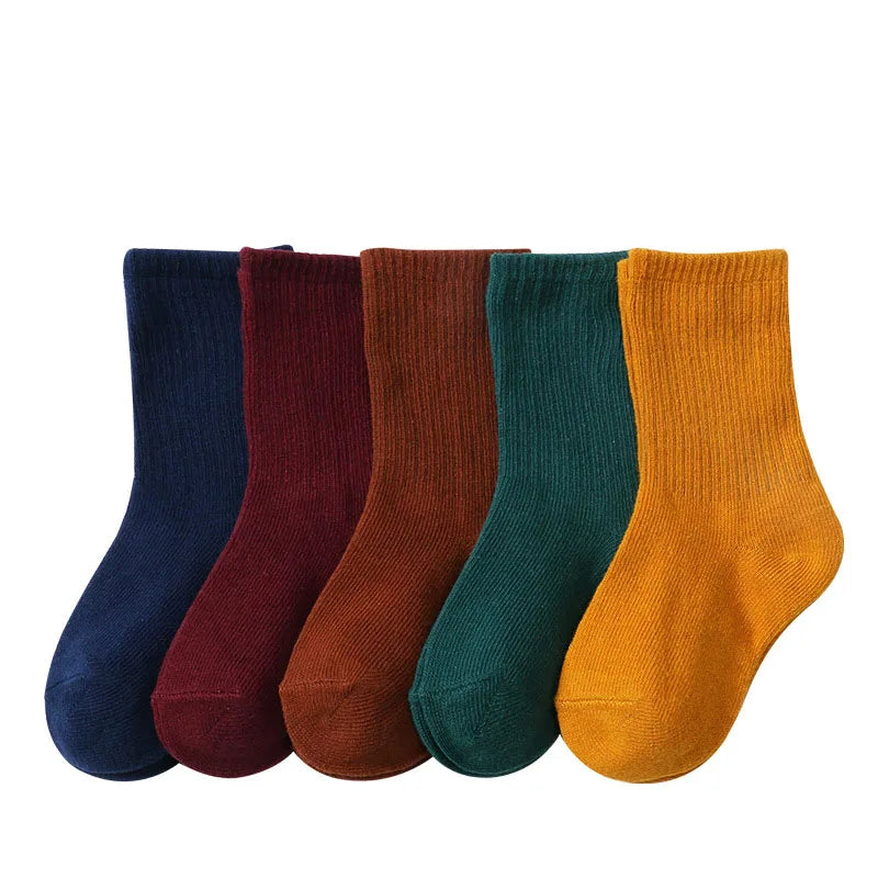 5 Pairs/Lot Autumn Winter High Elastic Simple Children Socks Korean Cotton Stripes Solid Color Alphabet Boys Girls Socks 1-12 Y