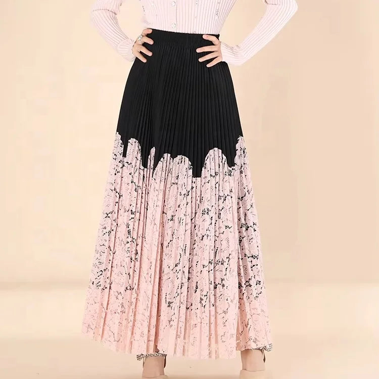 OUDINA French Loose Patchwork Lace Casual Long Midi Skirts A-line Pleated Ladies Skirt Women