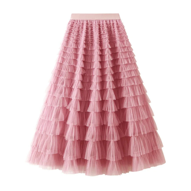 Mesh Cake Half Skirt for Women in Spring and Autumn  New Dress fairy White Gauze Skirt Pleated Long Skirt