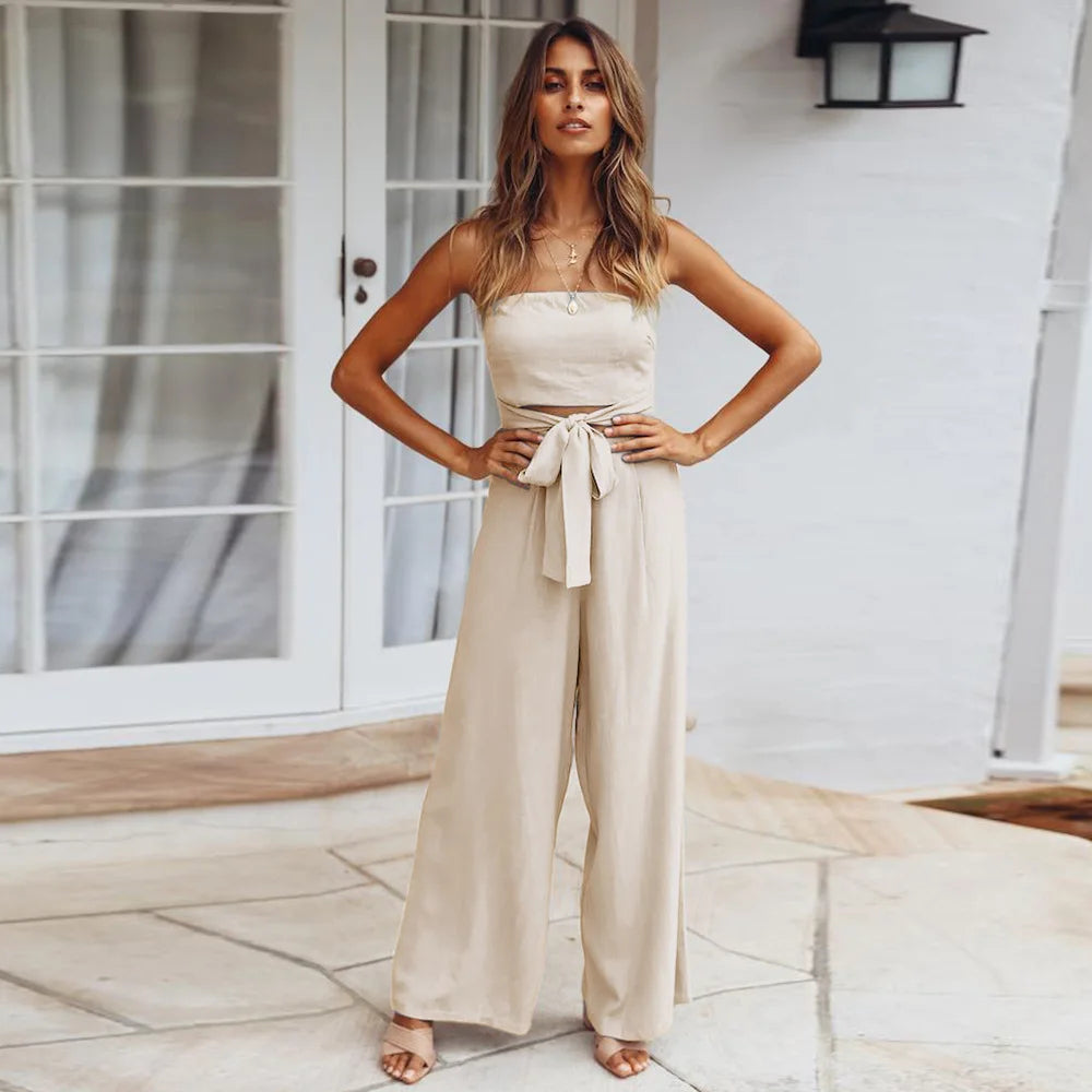 New Style Women's Summer Casual Solid Color  Sleeveless Jumpsuit Strapless Top Wide Leg Long Pants Set