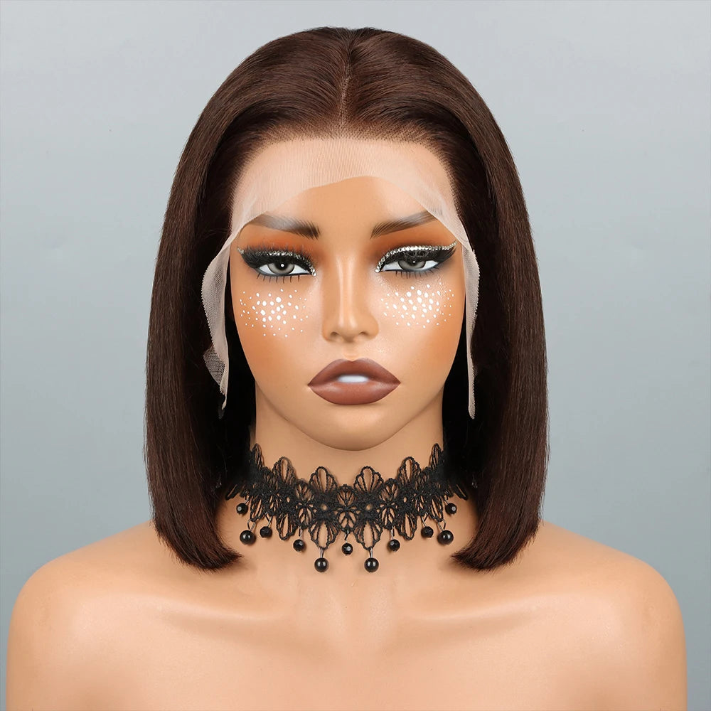 Short Straight HD Bob Wig Natural Black Brazilian Virgin Hair 200% Lace Front for Lace Transparent Baby Hair PrePlucked All