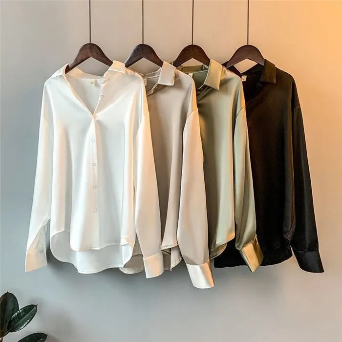 Elegant Satin Loose Women Shirt Spring Turn-down Collar Ladies Blouse Autumn Vintage Casual Button Silk Tops