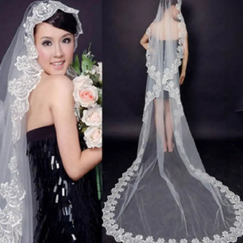 Women Pure White Wedding Veil 3M Long Embroidered Floral Lace Scalloped Edge Bridal Cathedral 1 Layer Party Accessories no Comb