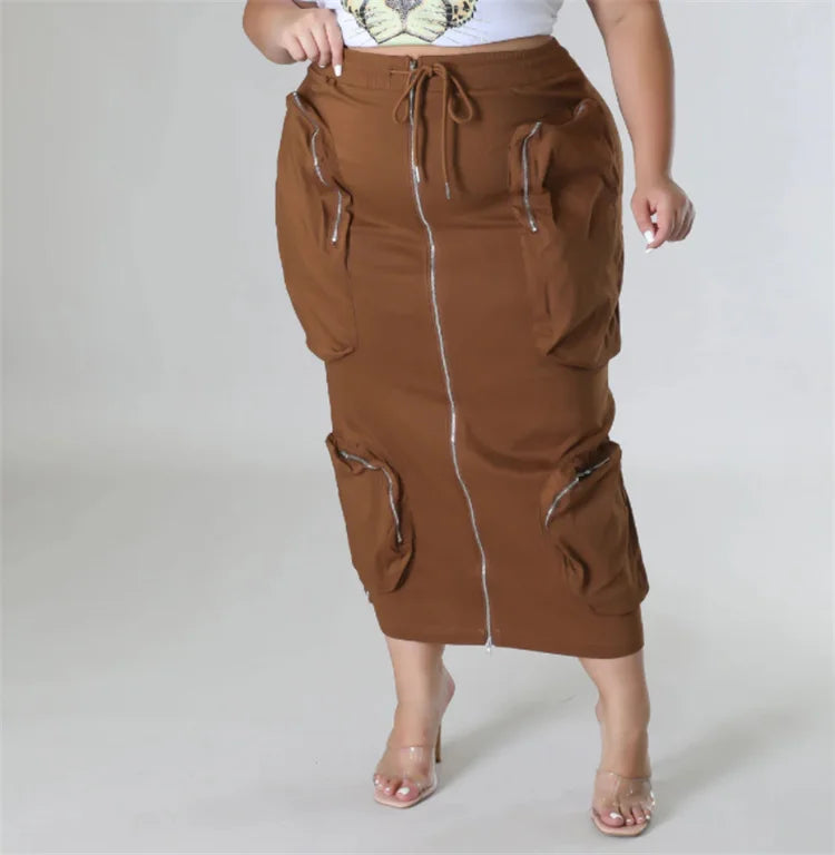 H0045-Fashionable Zipper Multi-pocket  Plus Size Skirts Cargo Skirt Women Long Skirts