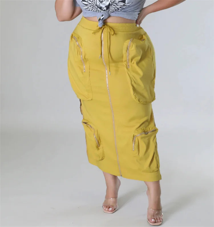 H0045-Fashionable Zipper Multi-pocket  Plus Size Skirts Cargo Skirt Women Long Skirts