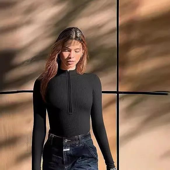 European and American Cross-border 2024 Long Sleeved Jumpsuit Sexy Ribbed Front Zipper Long Sleeved Top Jumpsuit