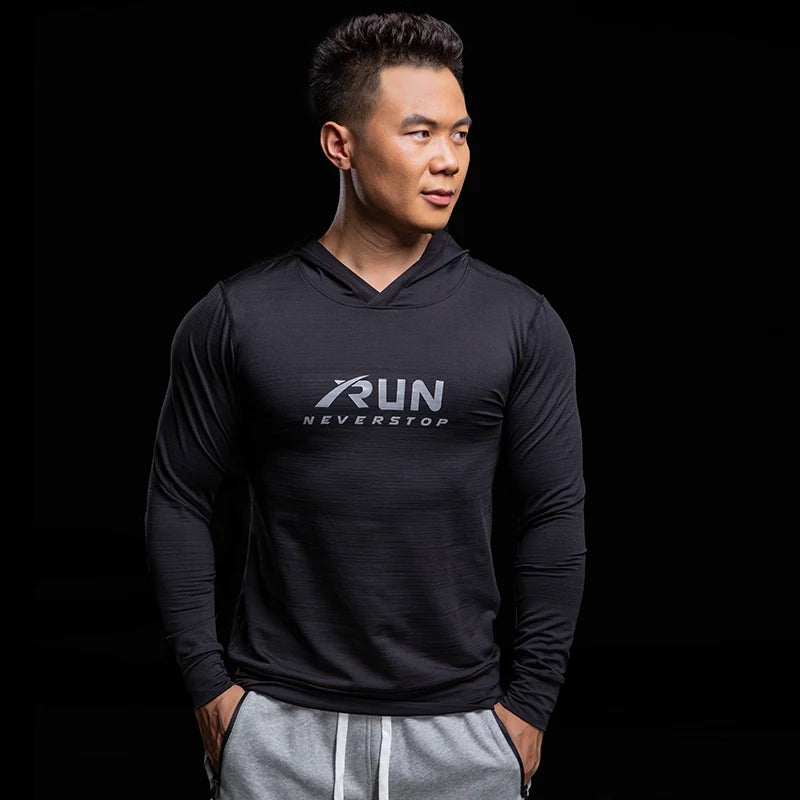 Gym Men T Shirt Long Sleeve Slim Tops Tees elastic T-shirt Sports Fitness Autumn winter comfort breathable Quick dry Hooded