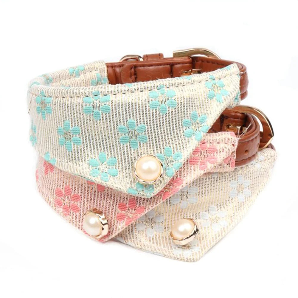 Luxury High Quality Dog Harness Custom Pearl Decoration Bandana Collar Modern Lovely Pet Collars for Walking Features Neck Scarf