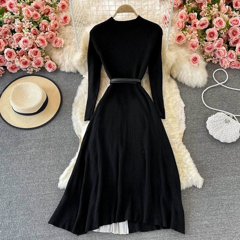 Autumn Winter Women Gradient Color Patchwork Pleated Sweater Dress Elegant Long Sleeve Midi Knitted Party Vestidos With Belt