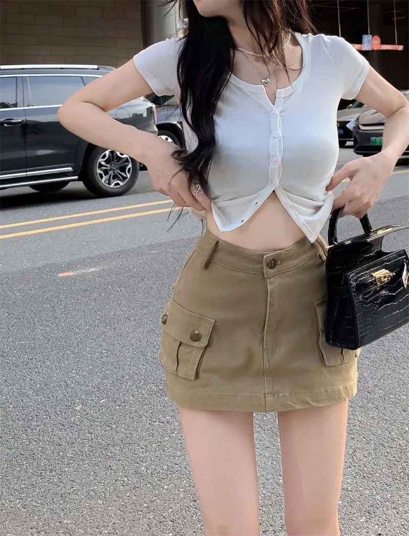 Women Harajuku Vintage Y2k 90s Casual Hight Waist Streetwear Cargo Mini Skirts Sexy Clubwear Clothes Fashion Denim Short Skirt
