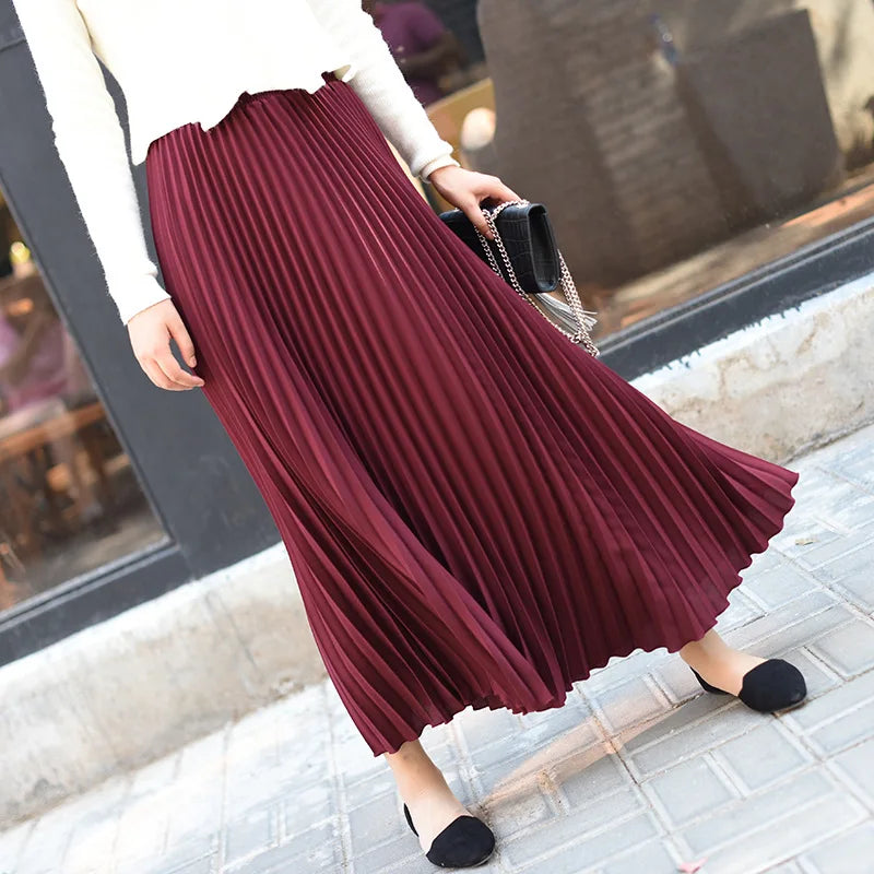 High Quality Women Lady Pleated With Lining Long Skirt Dress New Arrival Elastic Waist Summer Spring Sraight Maxi Skirt