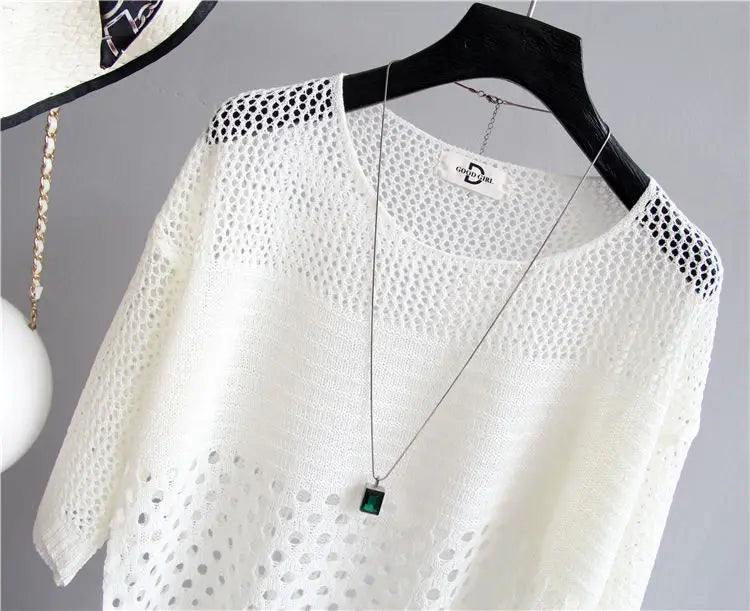 Spring and Summer New Ice Silk Knitted Vest Top Hollow Out Thin Bottoming Sling Streetwear Womens Clothing White Shirt 13686