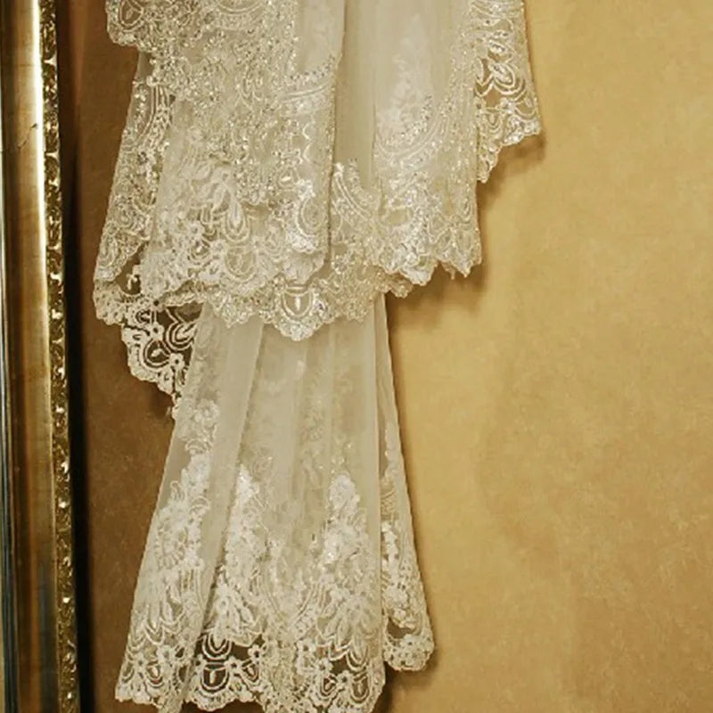 Real Photos White/Ivory Cathedral Wedding Veil 3M One Layer Lace Beads Mantilla Bridal Veils Wedding Accessories Veu De Noiva