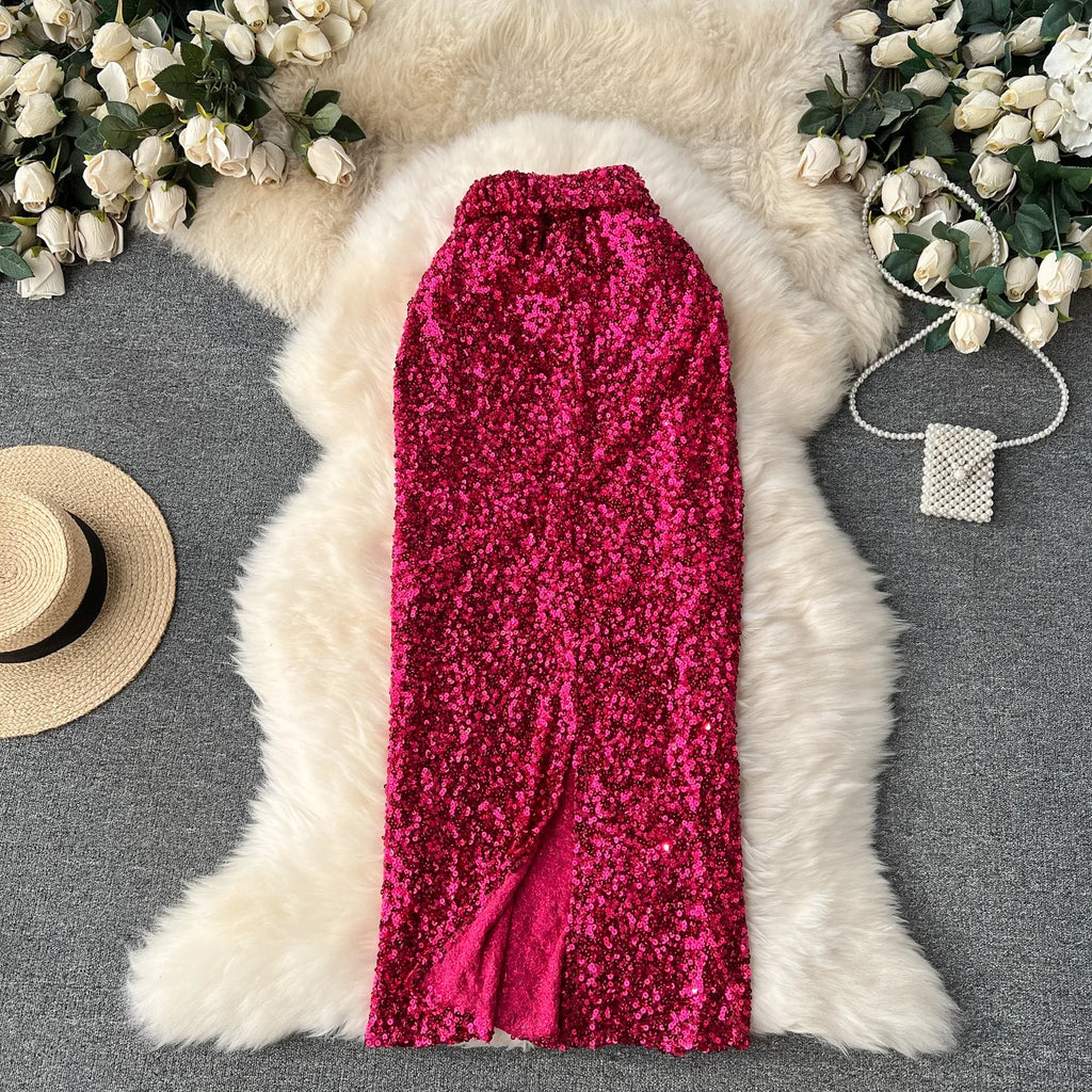 Royal Sister Wears Women's Instagram High Quality Shining Skirt With Belt Slim Fit Full Length One Step Skirt