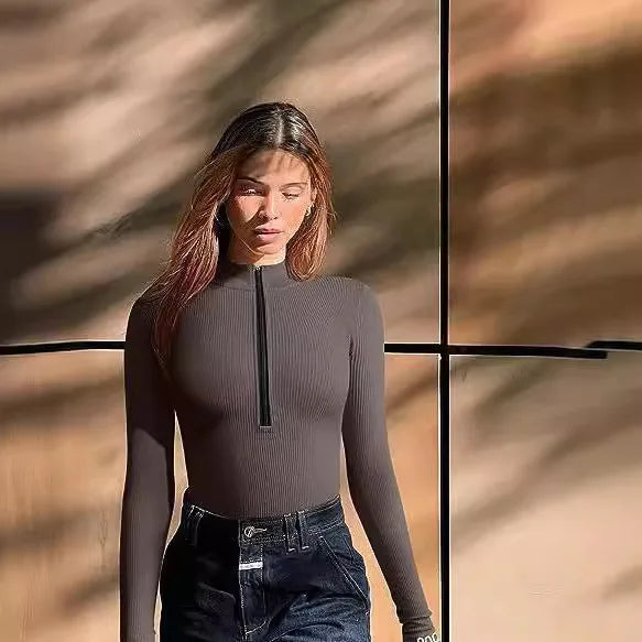 European and American Cross-border 2024 Long Sleeved Jumpsuit Sexy Ribbed Front Zipper Long Sleeved Top Jumpsuit