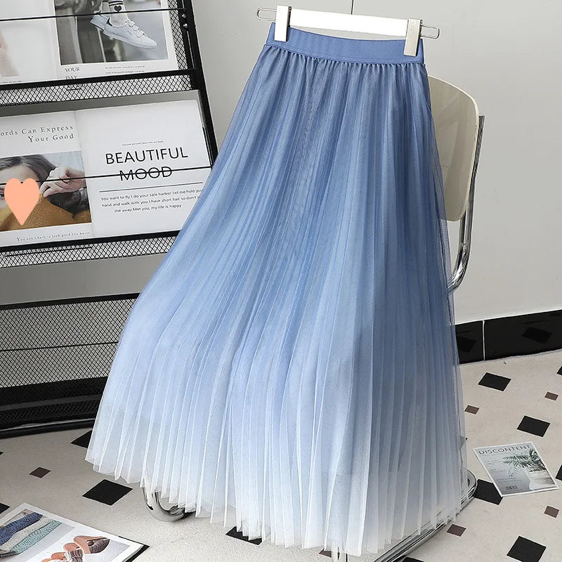 Women Lady Pleated With Lining Long Skirt Dress New Fashion Loose Elastic Waist Gradient Color Street Wear Casual Skirt
