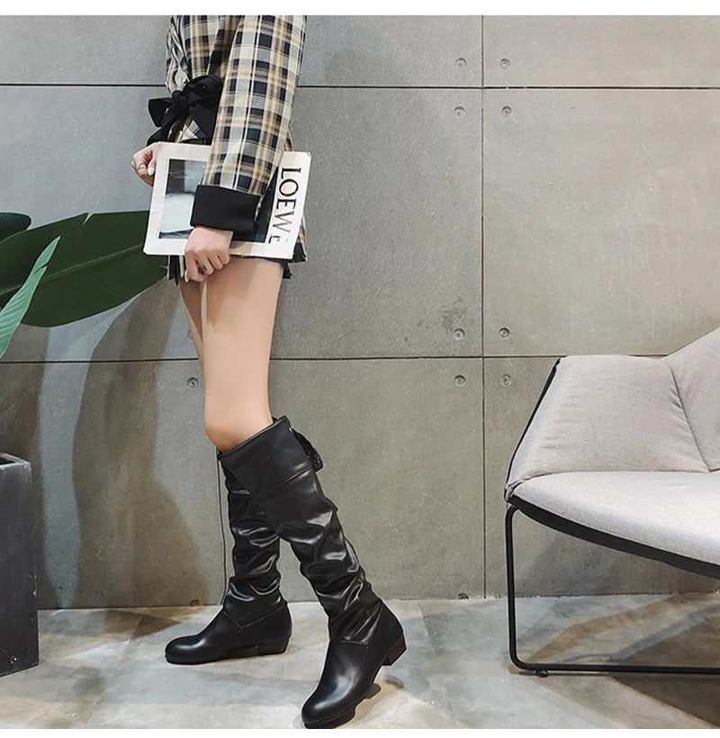 Shoes For Women 2022 Spring Knee High Boots Red Black White Tall Boots Woman Pleated Low Heel Casual Leather Female Long Shoes