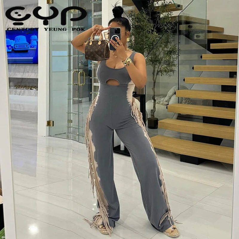 2024 Summer New Women's High-Waist Casual Jumpsuit Breathable Fitness Tassel with Personalized Contrasting Colors