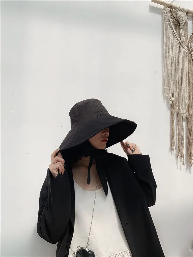 2021 New Summer Autumn Large Brim Fisherman Hat Women Cotton Linen Round Dome Bandage Bow Big Foldable Sun Hats Fishermen Hat