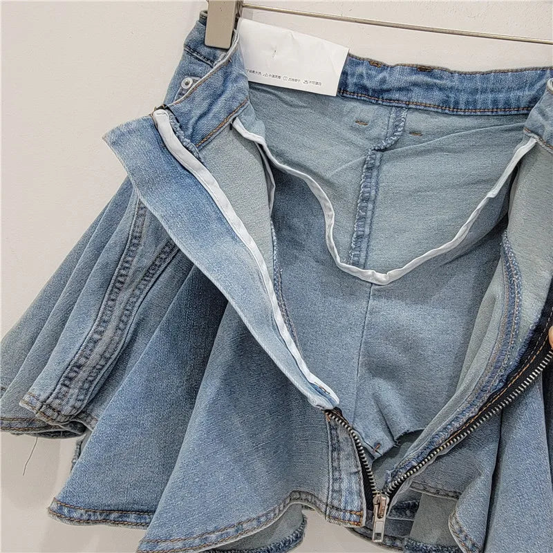 Fashion Ruffled Washed Mini Denim Skirt for Women New Design Zipper Patchwork Stretch Skirt Women'S Skirts