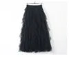 Waist 60-80cm Length 86cm Women Ruffle Skirt Many Layers pink Black Pleated Long Skirt Vintage High Waisted a Line Satin Skirts